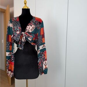 Boohoo Plus Teal & Rust Patchwork Tie-Front Crop Top